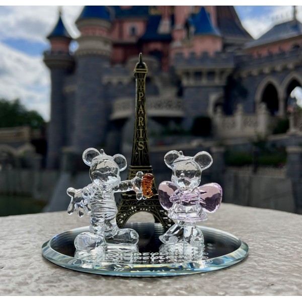 Mickey and Minnie Parisian in glass with Eiffel Tower figure, by Arribas Disneyland Paris