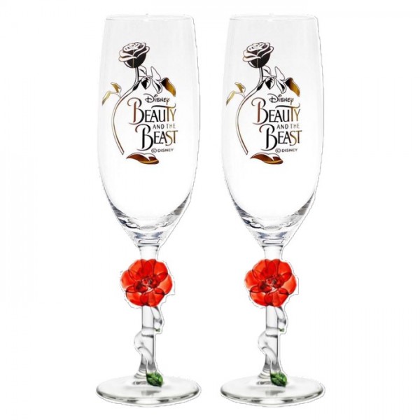 Beauty and the Beast gold patterned Champagne Glass with 3D Rose (x2), Arribas