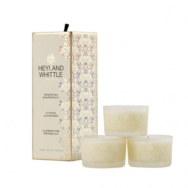 Gold Classic 3 Votives Gift Box. Greentea Grapefruit, Citrus Lavender and Clementine Prosecco - Heyland & Whittle