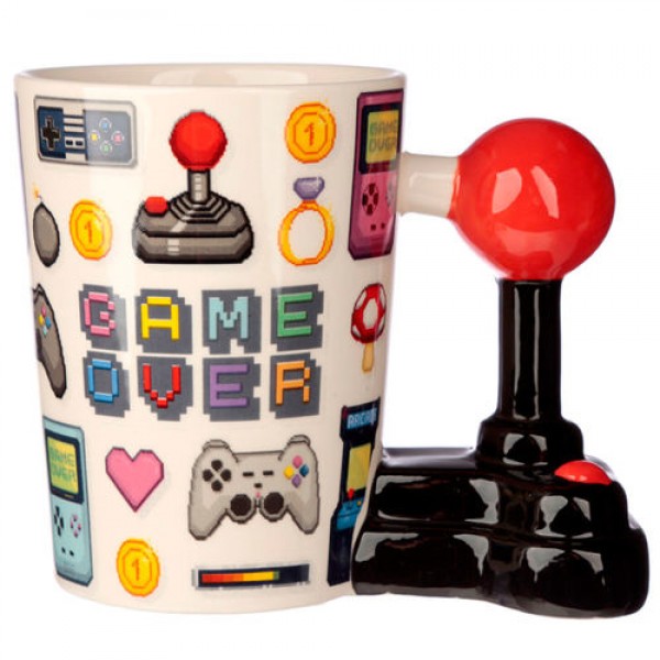 Joystick Shaped Handle Mug with Pixel Decal - Game Over